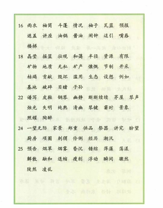 《词语表》人教版小学六年级语文上册2019年5月发版课本全册教材