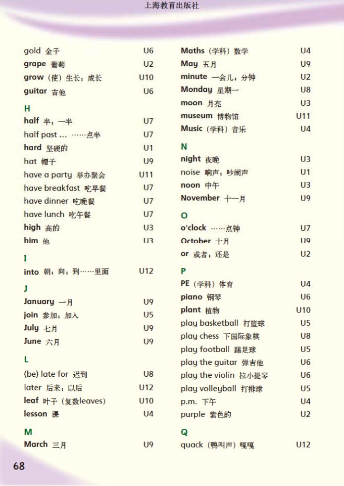 Word List单词列表 沪教版小学四年级英语下册课本2013年审定（三起） 沪教版小学课本